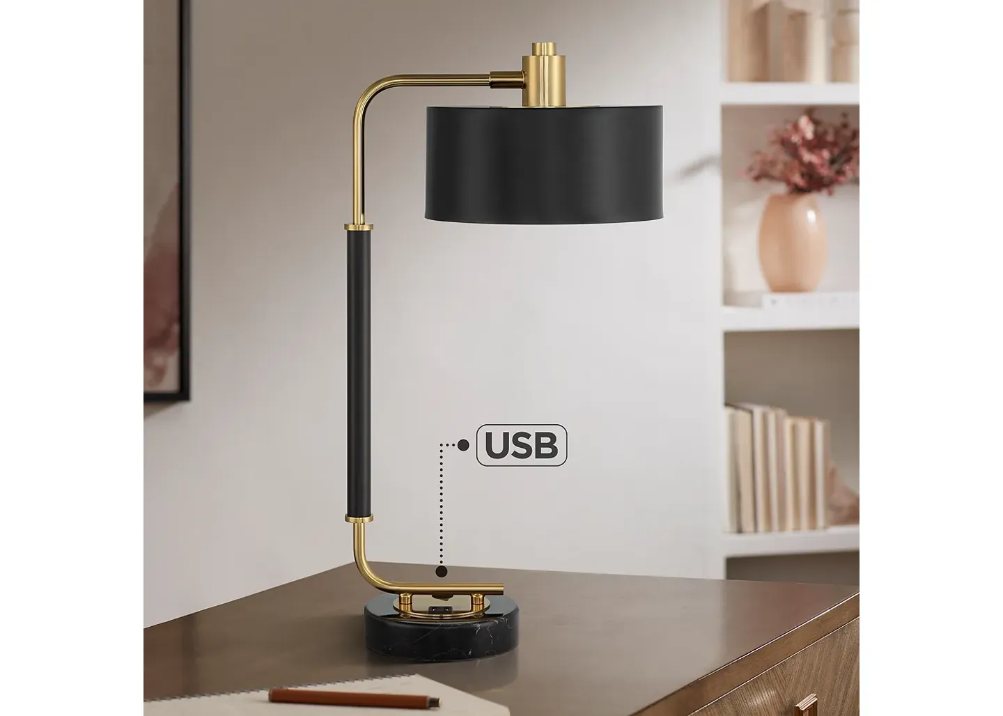 Possini Euro Design Possini Euro Myles Desk Lamp with Marble Base and Dual USB Ports